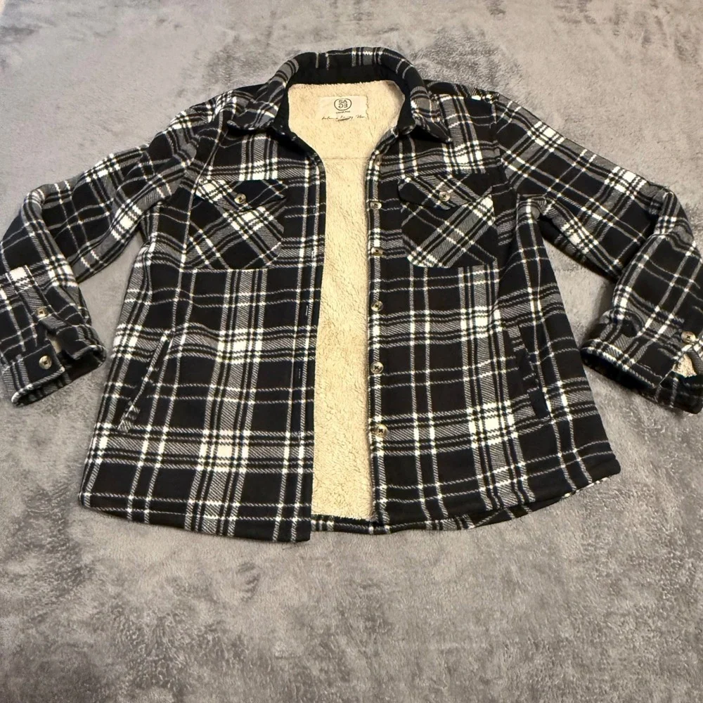 Sage Collective Black White Plaid Sherpa Lined Shirt Jacket‎ Shacket  Medium